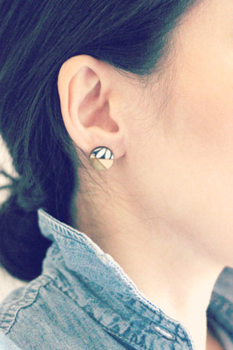 Small wood stud earrings Green earrings Titanium marbled Etsy