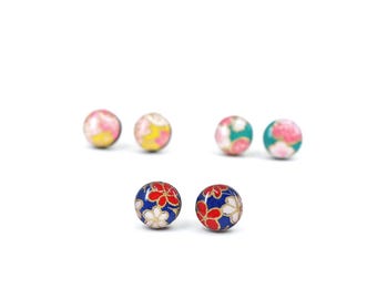 Floral Chiyogami titanium earrings stud, Nickel free Hypoallergenic