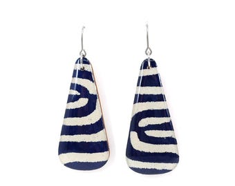 Navy and white Japanese Katazome paper dangles, Lightweight Wood Dangles, Sensitive Ears, Titanium earrings