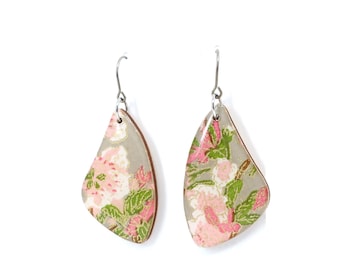 Gray peach blossom dangle earrings with nickel free titanium hook, Lightweight, Japanese earrings