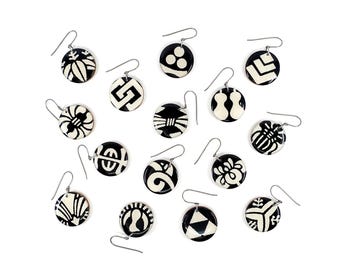 Mismatched Japanese Kamon Katazome paper dangle earrings with nickel free titanium hook