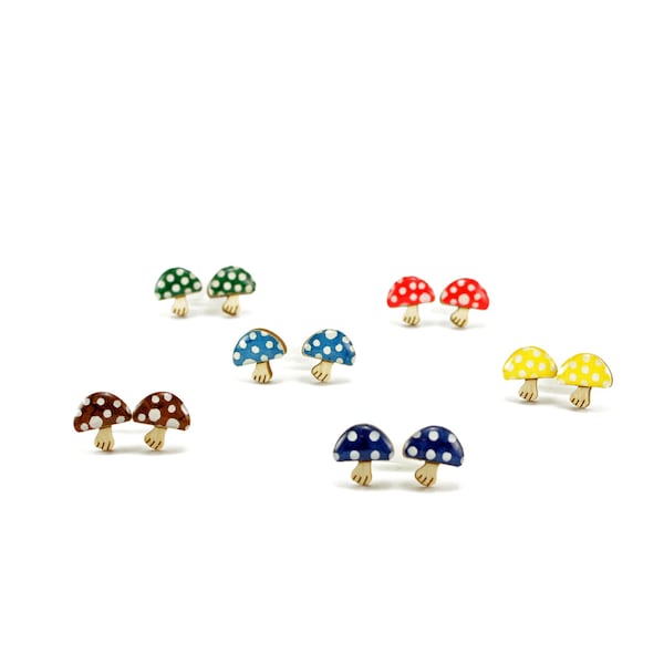 Polka dot mini mushroom stud earrings with titanium posts Japanese Chiyogami cute toadstool earrings fungi