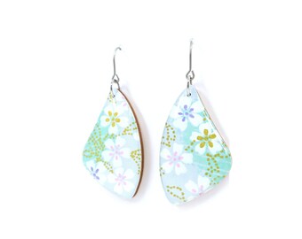 Light blue and green Japanese Chiyogami flower earrings with titanium hook, Lightweight wooden dangles, Sensitive ears