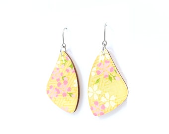 Yellow and pink Japanese Chiyogami flower earrings with titanium hook, Lightweight wooden dangles, Sensitive ears