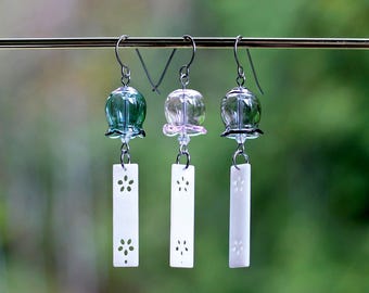 Small Furin earrings Japanese wind chime earrings with nickel free titanium hook Hypoallergenic - PETITE