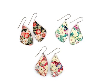 Floral Chiyogami earrings with titanium hook, Lightweight wooden dangles, Japanese jewelry