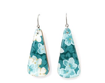 Teal blue hydrangea flower earrings with titanium hook, Lightweight wooden dangles, Sensitive ears