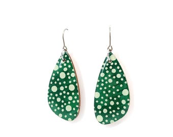Deep green polka dot Japanese Chiyogami titanium earrings, Nickel free sensitive ears