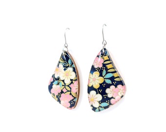 Navy and pink Japanese Chiyogami flower earrings with titanium hook, Lightweight wooden dangles, Sensitive ears