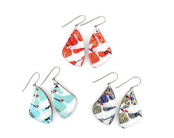 Chiyogami Cranes Dangle Earrings, Japanese Paper, Titanium Hooks