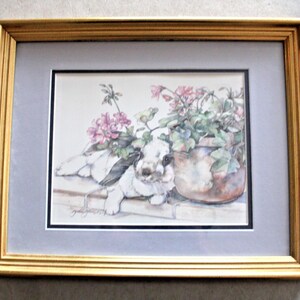 Adorable conejito en acuarela con maceta, enmarcado, 16x13, firmado por Jodi Jensen, VGC