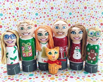 Christmas Sweater Peg Dolls, Peg Doll Ornaments, Custom Peg Dolls, Custom Christmas Sweater Portraits, Wood Doll Family, Holiday Family Doll