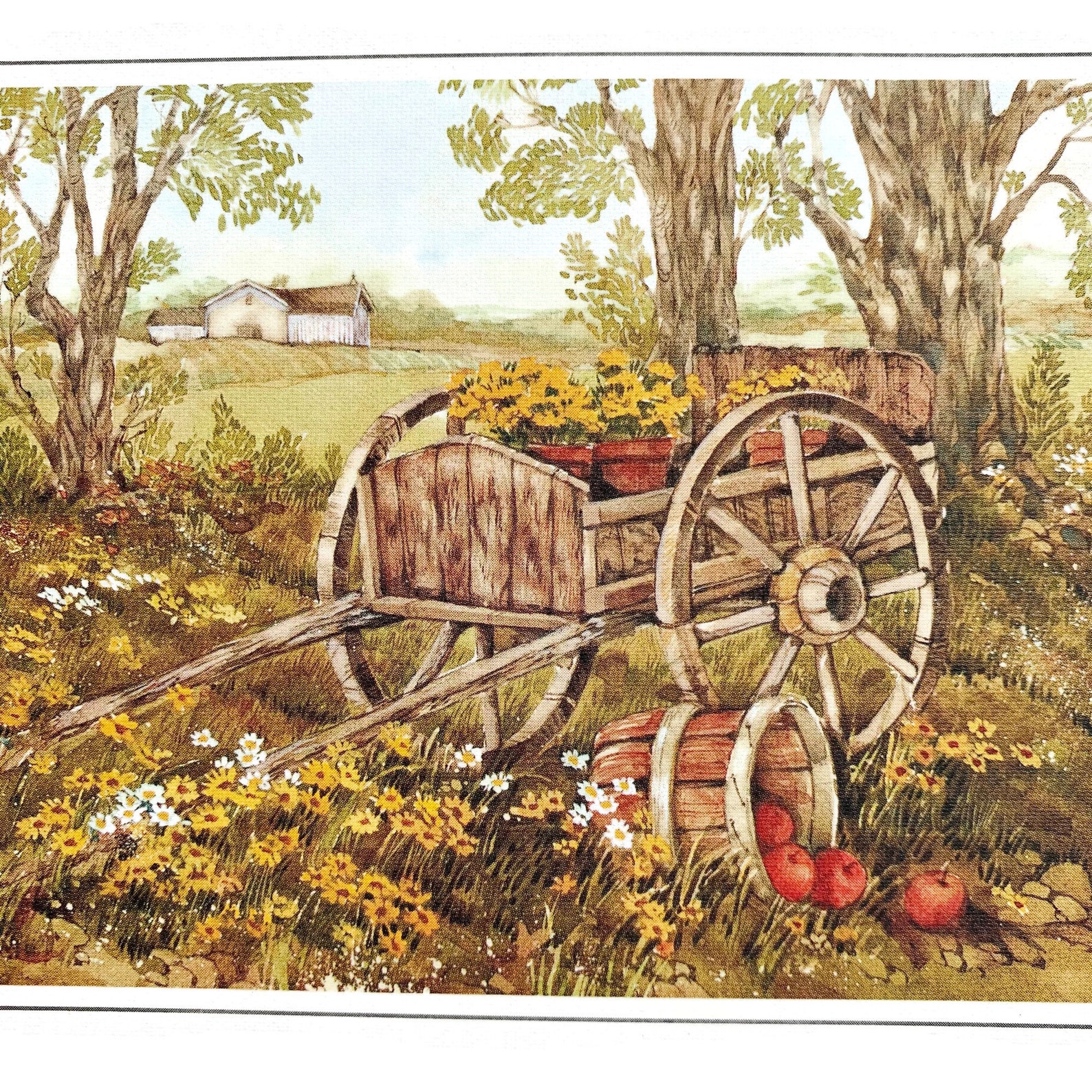 Vintage Current Greeting Card, Country Farmhouse Apple Harvest Wagon