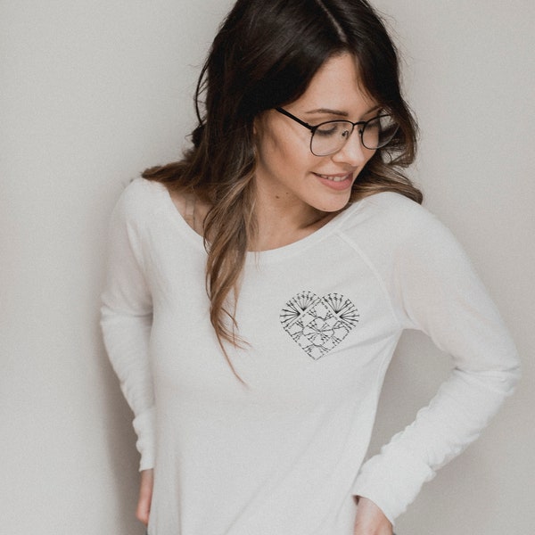 Long Sleeve Tunic - Crochet Heart Chart Shirt - Megmade with Love