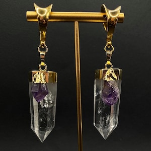 Clear quartz ear weights. Raw stone ear hangers with amethyst inlay. Brass ear weights