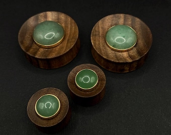Concave wood plugs with aventurine inlay 10mm, 12mm, 14mm, 16mm, 18mm, 19mm, 20mm, 22mm, 24mm, 26mm, 28mm, 30mm