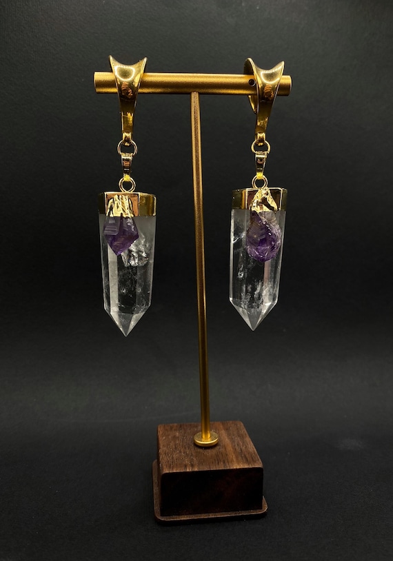 Clear quartz and smoky quartz ear weights. Brass ear weights