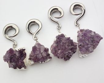 Amethyst ear weights - Druse plugs - Ear hangers - Crystal clusters plugs - Brass ear weights - Amethyst Cluster
