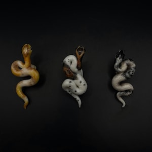 Può includere: Tre piccole figurine di serpenti arrotolati. Il serpente a sinistra è giallo e marrone. Il serpente al centro è bianco con macchie nere e accenti marroni. Il serpente a destra è bianco con segni neri e marroni.