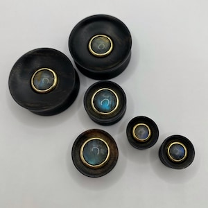 May include: A set of six black wood ear gauges with iridescent blue and green gemstone inlays. The gauges are of varying sizes and feature a gold metal rim around the gemstone.