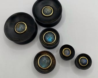 Concave black hornbeam wood plugs with labradorite inlay 10mm, 12mm, 14mm, 16mm, 18mm, 19mm, 20mm, 22mm, 24mm, 26mm, 28mm, 30mm