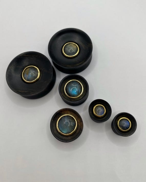 Concave black hornbeam wood plugs with labradorite inlay 10mm, 12mm, 14mm, 16mm, 18mm, 19mm, 20mm, 22mm, 24mm, 26mm, 28mm, 30mm