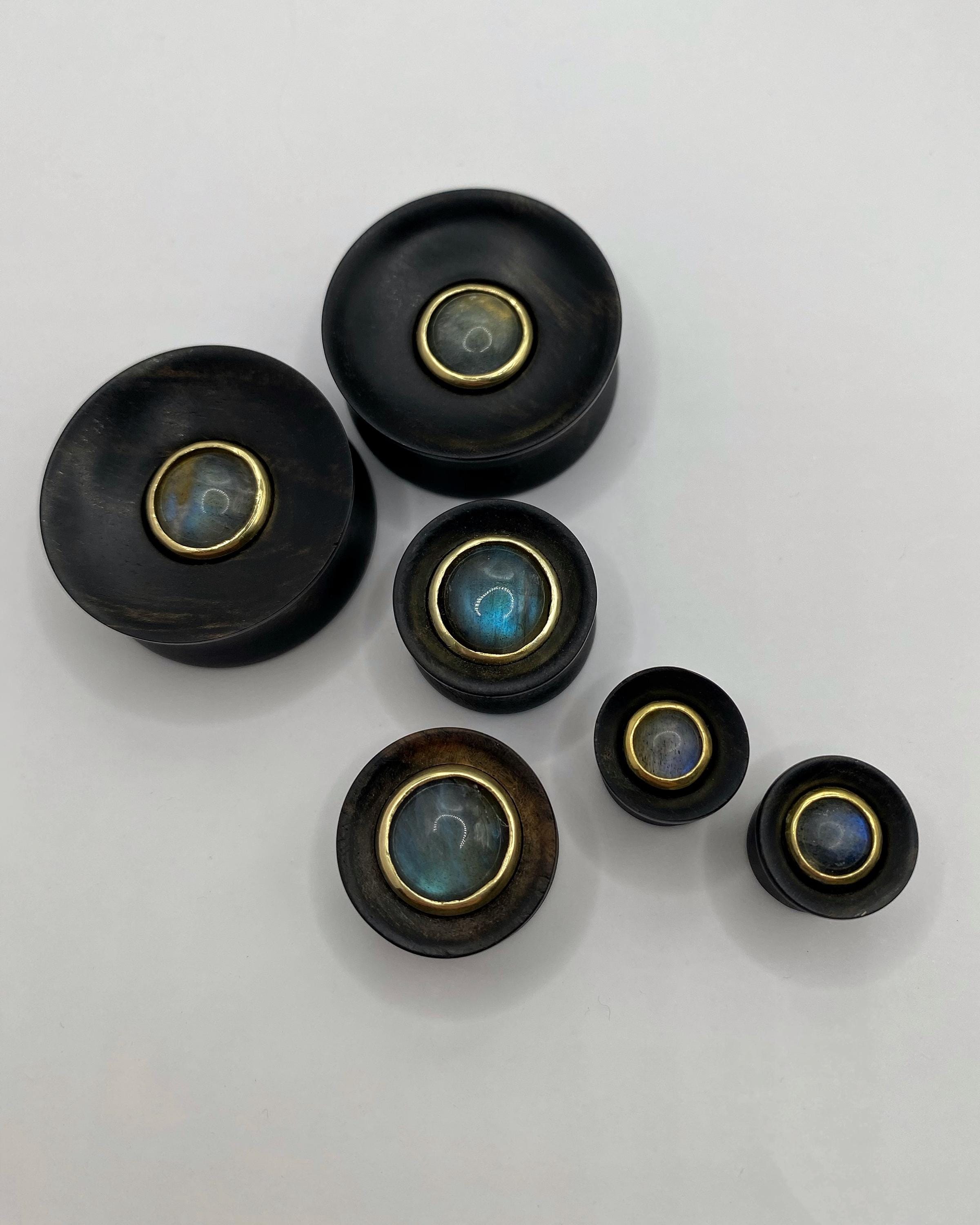 Concave black hornbeam wood plugs with labradorite inlay 10mm, 12mm,…