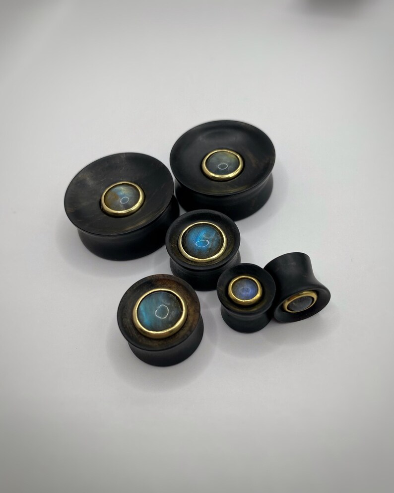 Peut inclure: Un ensemble de six jauges d'oreille en bois noir avec des accents bleu iris&eacute; et or. Les jauges sont de tailles diff&eacute;rentes.