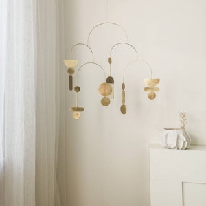 Kinetic brass mobile. Mid-century modern hanging sculpture. Living room, bedroom decor. Adult mobile