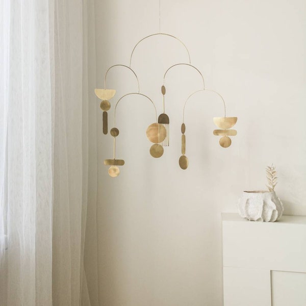 Brass kinetic mobile. Mid-century modern hanging sculpture. Living room, bedroom decor. Adult mobile