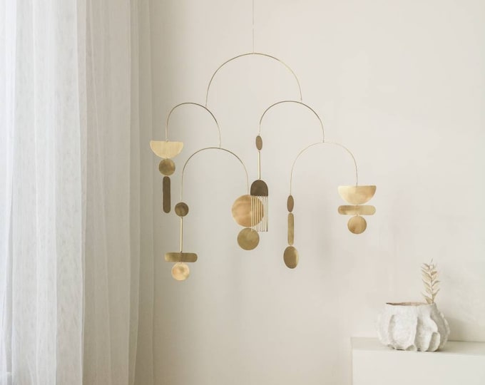 Brass kinetic mobile. Mid-century modern hanging sculpture. Living room, bedroom decor. Adult mobile