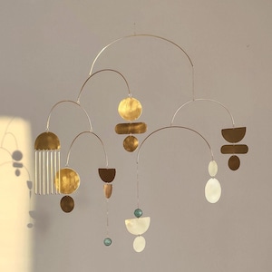 Brass kinetic mobile. Adult mobile. Mid-century modern living room decor. Hanging art sculpture. Suncatcher