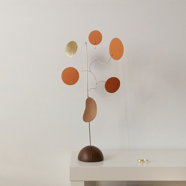 Standing kinetic mobile. Coffee Table Desktop decor. Mid-century modern brass mobile