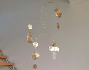 Modern kinetic brass mobile. Mid century hanging art sculpture. Living room, ceiling decor. Baby adult mobile. Bedroom decoration