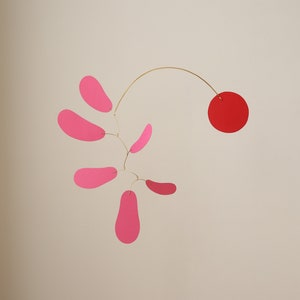 Modern kinetic mobile. Mid-century home decor. Simple hanging sculpture. Adult baby mobile. Living room decor pink + red