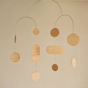 Wood kinetic mobile. Brass adult mid century modern sculpture. Contemporary living room, bedroom decor. Wall hanging art