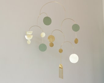Large brass kinetic mobile. Gold metal hanging sculpture. Mid-century modern art decor