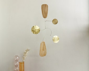 Kinetic brass mobile. Wood hanging sculpture. Adult & Baby, Nursery, Crib mobile