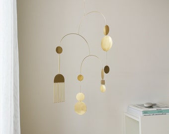 Brass kinetic mobile. Adult hanging metal sculpture. Mid-century modern gold decor. Baby, crib, nursery mobile. Living room, bedroom decor