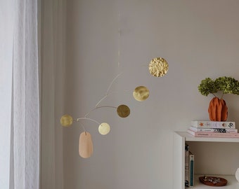 Modern kinetic brass mobile. Adult mobile. Mid-century metal hanging sculpture. Living room decor. Simple home jewelry