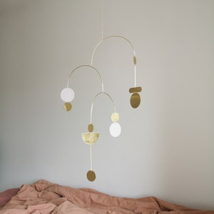 Kinetic brass mobile. Minimalist modern hanging sculpture. Mid-century abstract gold decor