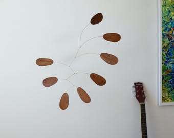 Wood kinetic mobile. Minimalist mid-century modern sculpture. Hanging art decor