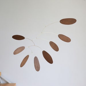 Wood kinetic mobile. Mid-century modern hanging sculpture. Minimalist art decor