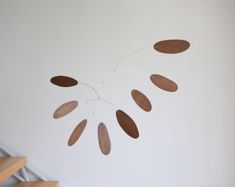 Wood kinetic mobile. Mid-century modern hanging sculpture. Minimalist art decor