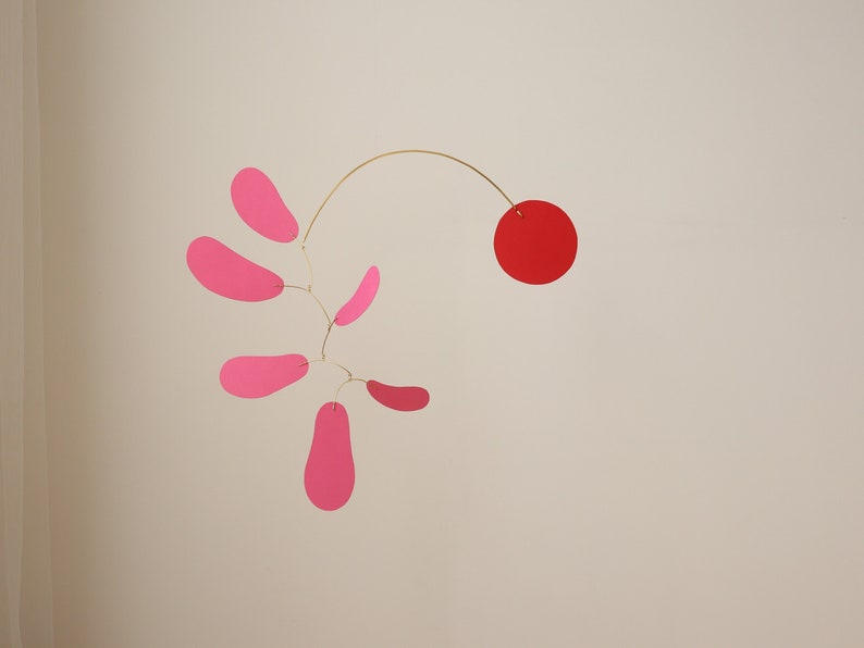 Modern kinetic mobile. Mid-century home decor. Simple hanging sculpture. Adult baby mobile. Living room decor pink + red