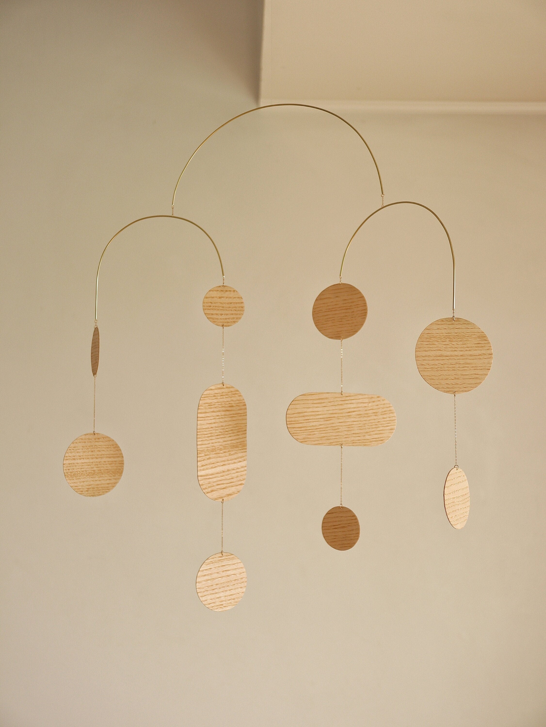 Wood Kinetic Mobile. Brass Mid-Century Modern Sculpture. Hanging Wooden Sculpture