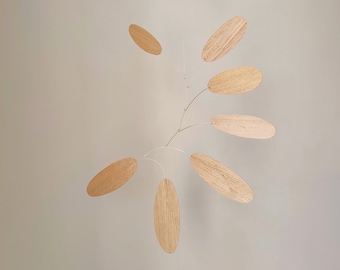 Wooden kinetic mobile. Mid-century modern sculpture. Hanging minimalist art decor