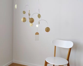 Brass kinetic mobile. Modern hanging sculpture. Gold suncatcher. Minimalist art decor