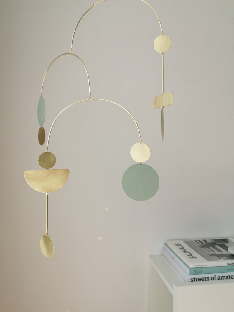 Kinetic brass mobile. Mid-century modern decor. Adult mobile. Wall hanging sculpture. Suncather Vintage green