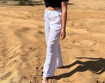 Women's linen pants, White trousers with pockets, Natural summer pants, Linen trousers for women, White women's clothing